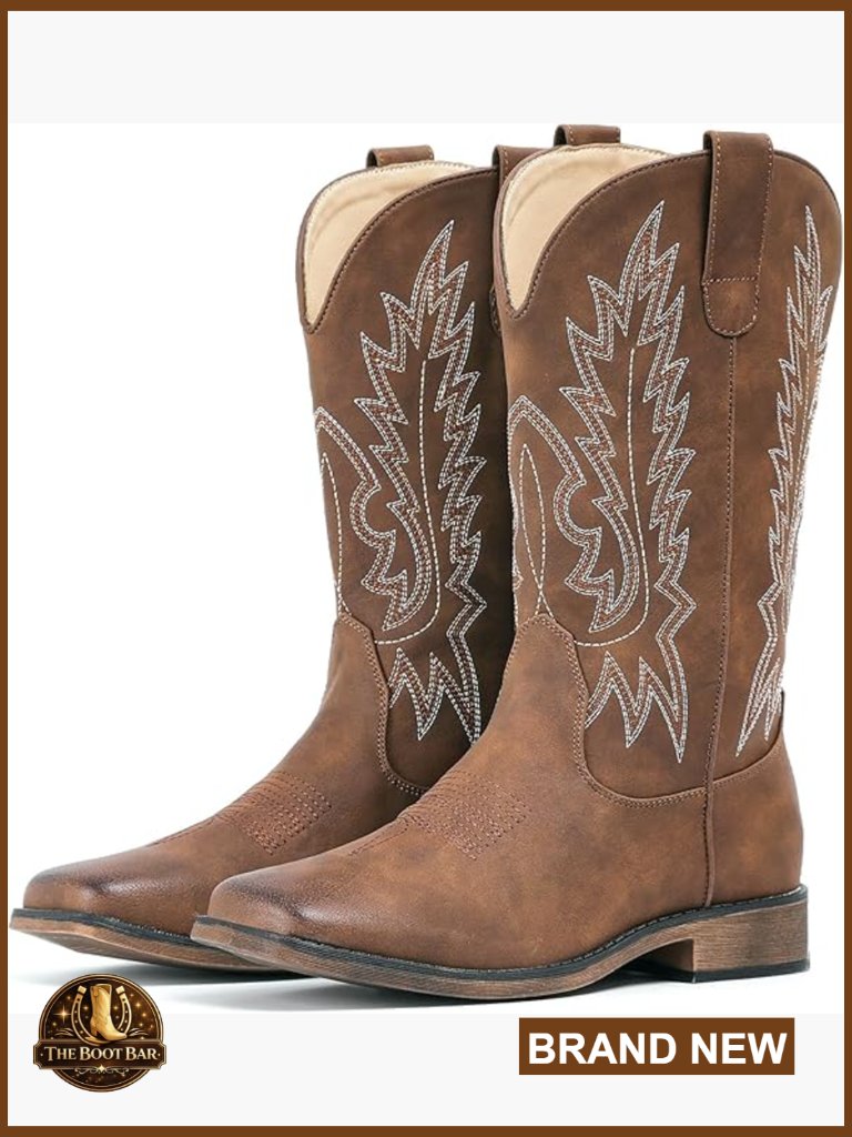 Mid Calf Western Boots Square Toe Embroidered Pull On Women's Shoes